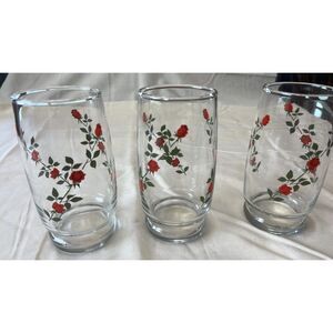 Vintage set of 3 Red Rose Floral drinking glasses Anchor Hocking
